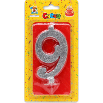 Свеча для торта Серебряный глиттер Цифра 9 С-1837