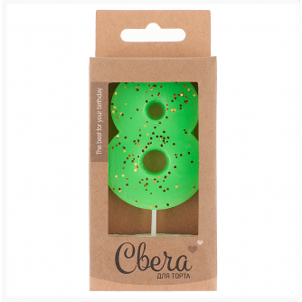 Свеча Цифра, 8 ЭКО, Неон, Зеленый, с блестками, 4*6 + 3 см, 1 шт. с держат. 803228  