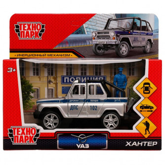 Машина металл UAZ HUNTER ПОЛИЦИЯ 11,5 см, двери, баг, ин, фигурка, асс, кор. Технопарк HUNTERBCH-12POL-SOLSR