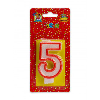 Свеча для торта с красной окантовкой с блестками Цифра 5  С-2410