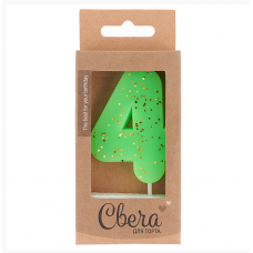 Свеча Цифра, 4 ЭКО, Неон, Зеленый, с блестками, 4*6 + 3 см, 1 шт. с держат. 803224  