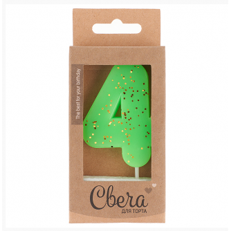 Свеча Цифра, 4 ЭКО, Неон, Зеленый, с блестками, 4*6 + 3 см, 1 шт. с держат. 803224  