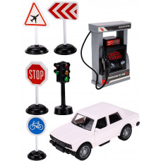 Машинка инерционная в наборе (13,5*6,5*6 см,светофор, дор. знаки, заправка, белый) (арт.ИК-3130)