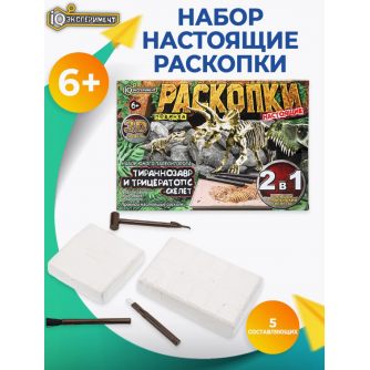 Набор раскопки скелеты динозавров 2шт, камни 10шт, монеты 5шт, в кор. IQ Эксперимент FLS01-RU   