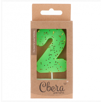 Свеча Цифра, 2 ЭКО, Неон, Зеленый, с блестками, 4*6 + 3 см, 1 шт. с держат. 803222  