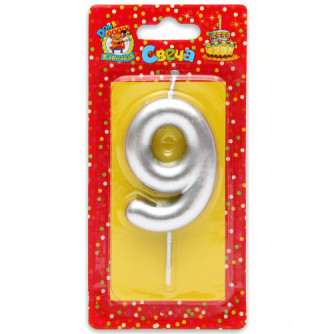 Свеча для торта Серебряная Цифра 9 С-1817