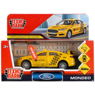 Машина металл свет-звук FORD MONDEO ТАКСИ 12 cm, двери, багаж, инерц, кор. Технопарк MONDEO-12SLTAX-YE