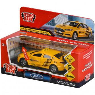 Машина металл свет-звук FORD MONDEO ТАКСИ 12 cm, двери, багаж, инерц, кор. Технопарк MONDEO-12SLTAX-YE