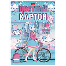 Картон цветной А4, 10л, 10цв, склейка, мелованный, Hatber, 