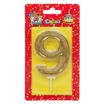 Свеча для торта Золотой глиттер Цифра 9 С-1827 Свеча для торта Золотой глиттер Цифра 9 С-1827