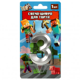 Свеча-цифра 3 для торта майнкрафт, блистер ЧУДО ПРАЗДНИК CC-90769-M   