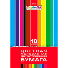 Цветная бумага А4, 10л 10цв в папке, мелованная, двусторонняя Hatber 