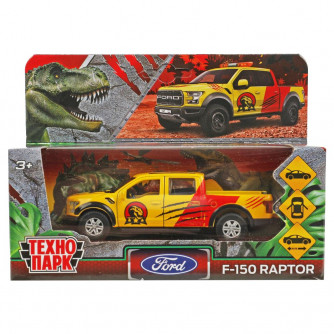 Машина металл FORD F150 RAPTOR ДИНОЗАВРЫ 12 см, двер, баг, ин, желтый, кор. Технопарк F150RAP-12DIN-YE