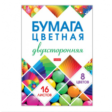 Цветная бумага А4, 16л 8цв на скрепке, газетная, двусторонняя, Hatber 