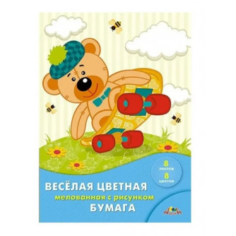 Цветная бумага А4, 8л 8цв на скрепке, мелованная, двусторонняя, КТС 