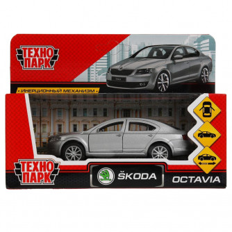 Машина металл SKODA OCTAVIA длина 12 см, двери, багаж, серебристый, кор. Технопарк OCTAVIA-SL