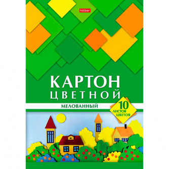 Картон цветной А4, 10л, 10цв, папка, мелованный, Hatber 