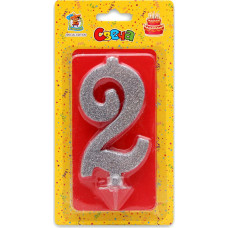 Свеча для торта Серебряный глиттер Цифра 2 С-1830
