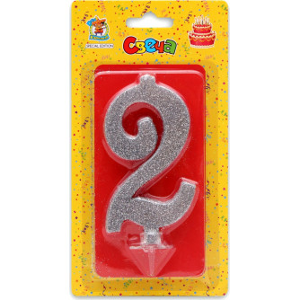 Свеча для торта Серебряный глиттер Цифра 2 С-1830