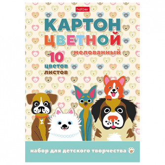 Картон цветной А5, 10л, 10цв, склейка, мелованный, Hatber 