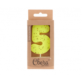 Свеча Цифра, 5 ЭКО, Неон, Желтый, с блестками, 4*6 + 3 см, 1 шт. с держат. 803225  