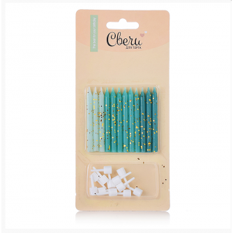 Свечи Бирюзовый микс, с блестками, 0,5*6 + 1 см, 12 шт. с держат.803200