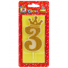 Свеча для торта Царская, золотая с глиттером Цифра 3 С-8340