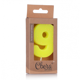Свеча Цифра, 9 ЭКО, Неон, Желтый, с блестками, 4*6 + 3 см, 1 шт. с держат. 803229  