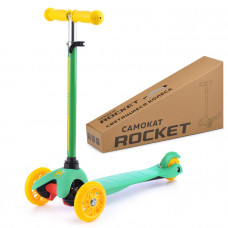 Самокат трёхколёсный ROCKET колёса световые PU, цвет желто-зеленый R0090   