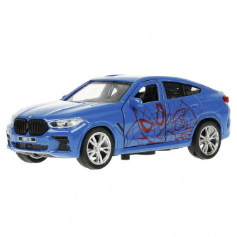 Машина металл BMW X6 спайдермен 12 см, двери, багаж, инер, син, кор. Технопарк X6-12-SM-BG   