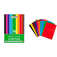 Картон цветной А4, 10л, 10цв, папка, мелованный, Hatber 
