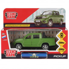Машина металл UAZ PICKUP 12 см, двери, багаж, инерц, зеленый, кор. Технопарк PICKUP-GN