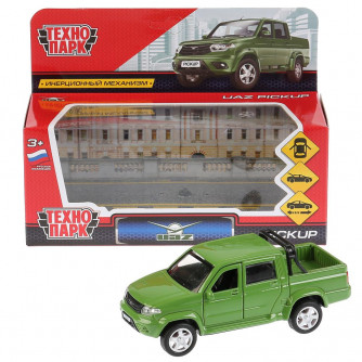 Машина металл UAZ PICKUP 12 см, двери, багаж, инерц, зеленый, кор. Технопарк PICKUP-GN