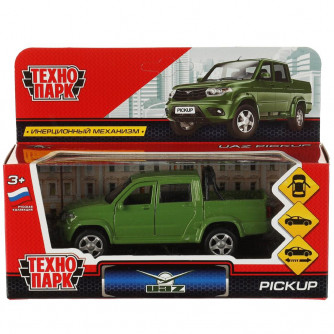 Машина металл UAZ PICKUP 12 см, двери, багаж, инерц, зеленый, кор. Технопарк PICKUP-GN