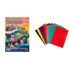 Картон цветной А4, 10л, 10цв, папка, мелованный, двусторонний, Hatber 