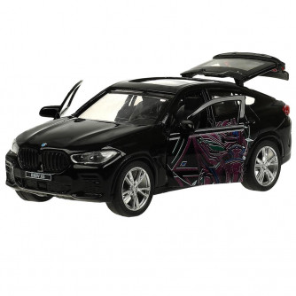 Машина металл BMW X6 черная пантера 12 см, двери, багаж, инер, черн, кор. Технопарк X6-12-BP-BK