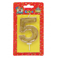 Свеча для торта Золотой глиттер с окантовкой Цифра 5 С-5979