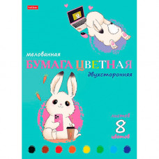 Цветная бумага А4, 8л 8цв на скрепке, мелованная, двусторонняя, Hatber 